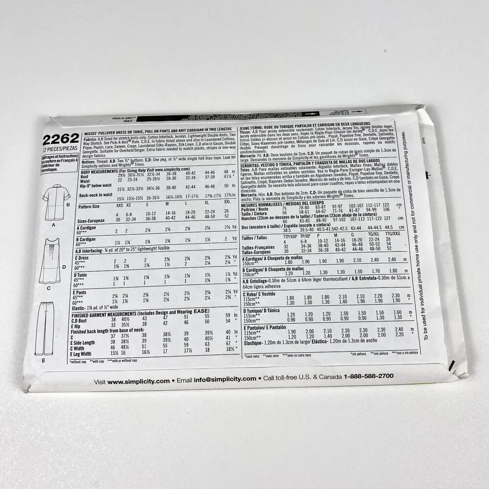 Simplicity 2262 Sewing Patterns Misses Pullover Dress Jacket Pants M-XXL UNCUT